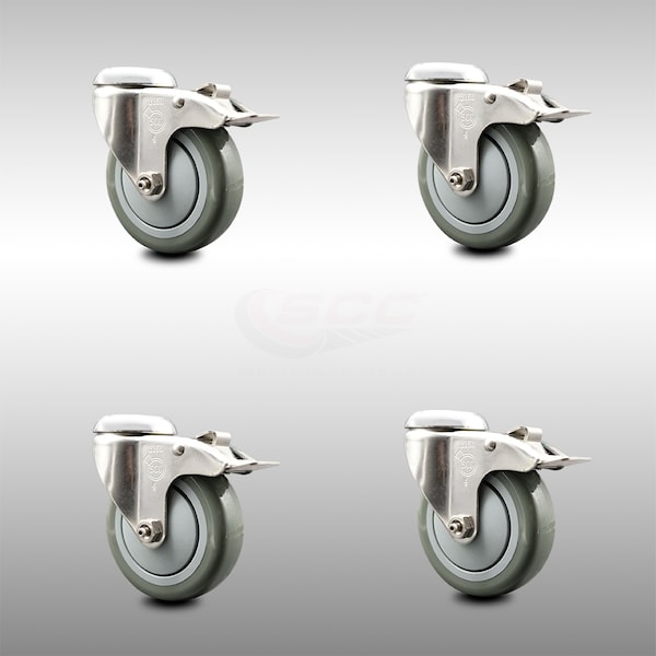 4 Inch 316SS Gray Polyurethane Swivel Bolt Hole Caster Set with Lock Brake SCC